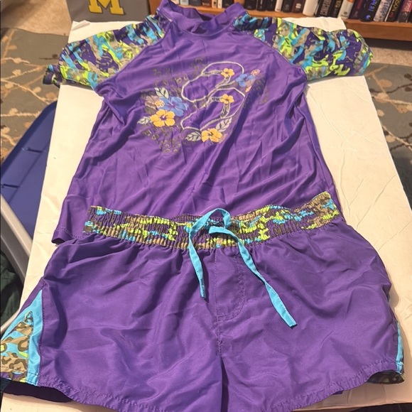 Arizona Love Purple and Blue Rashguard Swim Set with Tropical Print - Picture 1 of 3